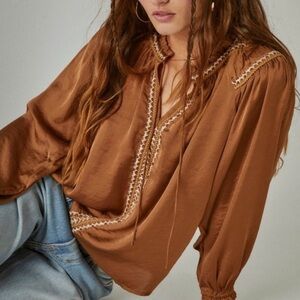 Lucky Brand Brown Puff Sleeve Silk Embroidered Blouse with Bib Collar